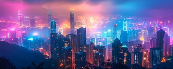 Fototapeta premium Skyscrapers with glowing neon lights close up, focus on the facade patterns, copy space, ensure vivid colors, Double exposure silhouette with a night market