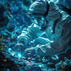 A man in a white suit is underwater, looking at something