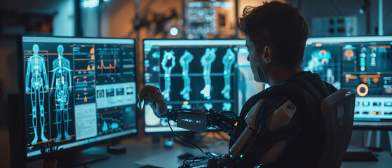 A man is sitting in front of a computer monitor with a robotic arm
