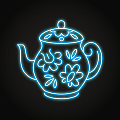 Decorated teapot neon line icon. Porcelain pot in traditional Russian Gzhel style. Vector illustration.