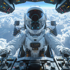 A man in a white spacesuit is piloting a spaceship through the clouds