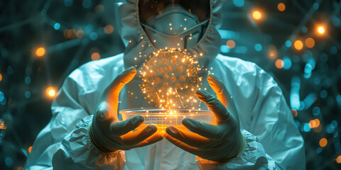 A person in a white lab coat is holding a glowing object in their hands