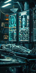 A robot is laying on a hospital bed in a futuristic hospital
