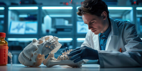 A man in a lab coat is examining a skull