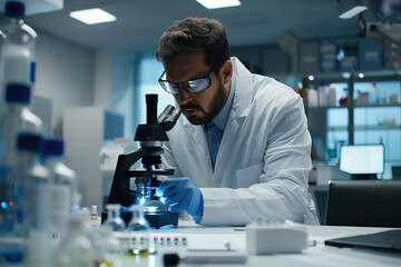 A man in a lab coat is looking through a microscope
