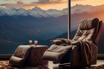 A leather recliner is placed in front of a window overlooking a mountain range