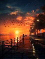 A woman walks along a pier at sunset