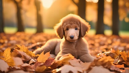 a standard poodle puppy laying in a pile of leaves