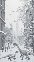 Dinosaurs roaming New York City in the snow