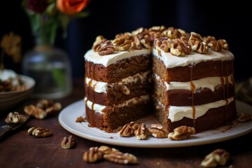 Obraz premium Luxury homemade carrot cake with creamy frosting and whole walnuts on a rustic setting