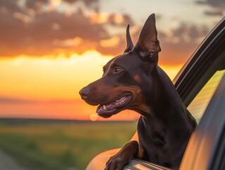 A Doberman dog leans out of a car window at sunset. AI generated.