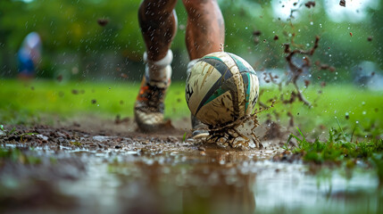 American football is kicked out of the mud