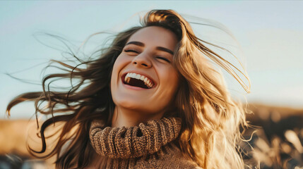 Fototapeta premium A woman laughing in a field.