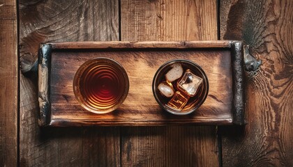 whiskey and coke on a rustic bar from above
