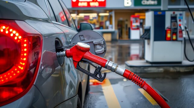 A red gas pump nozzle is fueling a silver car at a gas station. The car's taillight is on and the background is blurry.
