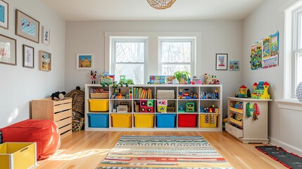 A colorful and organized playroom with a variety of toys and activities for children.