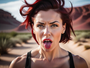 Serious woman with Cherry Red hair and Brown eyes shows tongue. Close-up Female portrait.