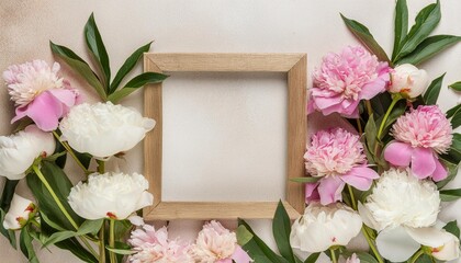 aesthetic background frame with tender white and pink peonies copy space invitation or greeting concept generative ai