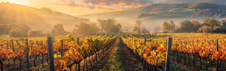 Fototapeta premium The suns rays break through the clouds, illuminating a vineyard below. The vines stretch across the landscape, reaching towards the sky.