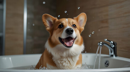 Funny portrait of a welsh corgi pembroke dog showering with shampoo. Dog taking a bubble bath in grooming salon, Generative.AI