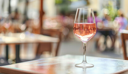 Ros&eacute; wine in a tall glass on an outdoor cafe table with blurred background