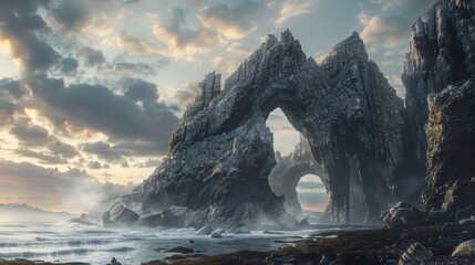 A large rock formation rising from the ocean waters, surrounded by waves crashing against its rugged surface. The rock stands tall and imposing in the vast expanse of the sea. - Powered by Adobe