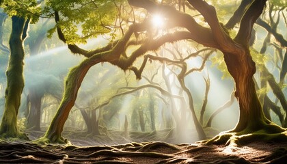 a painting of a forest filled with lots of trees and sunlight coming through the leaves on the branches of a tree