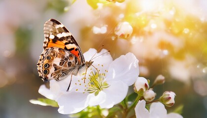 beautiful butterfly on a delicate white spring flower in spring in the rays of transparent sunlight of the morning sun soft focus macro beautiful background of easter spring nature