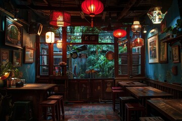 A restaurant with a lot of red lanterns hanging from the ceiling