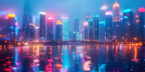 Obraz premium Night cityscape of neonlit skyscrapers close up, focus on the energy, copy space, ensure radiant colors, Double exposure silhouette with a bridge