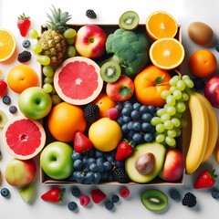 fruits and vegetables in box on white background
