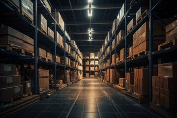 Fototapeta premium Industrial warehouse with illuminated corridors and organized shelves filled with boxes