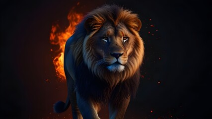 Lion of the fire, digital art style wallpaper, dark background, full body lion with fiery mane and tail  Generative AI 