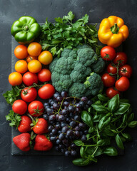 Beautifully arranged colorful vegetables and fruits, including broccoli, bell peppers, and grapes, on a dark slate board.
