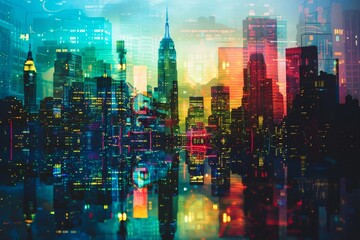 Modern skyscrapers illuminated by neon close up, focus on the reflections, copy space, ensure vibrant colors, Double exposure silhouette with a bustling street