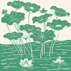 Obraz premium Lotus flowers, buds and leaves, vector illustration