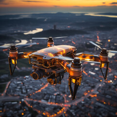 A drone is flying over a city at night