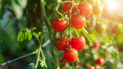 Obraz premium fresh, healthy and ripe red tomatoes hanging on bush plant
