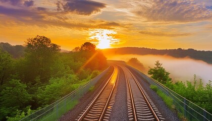 orange sunset in low clouds over railroad