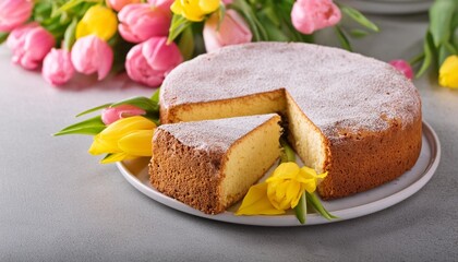 a cake with a slice cut out of it on a plate with pink and yellow flowers on the side of the cake