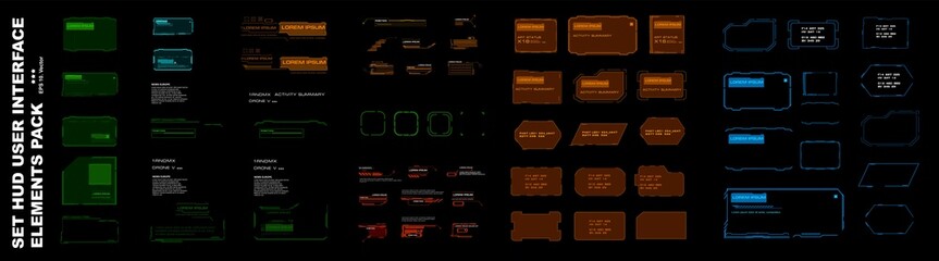 Collection frames with information and HUD data. Dialog boxes and frames for communicating in chats and forums. Big set of modern dialog HUD interface elements. Templates with empty windows for text