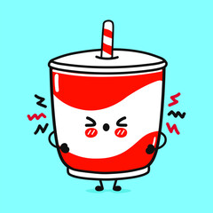 Angry Cold drink character. Vector hand drawn cartoon kawaii character illustration icon. Isolated on blue background. Sad Cold drink character concept