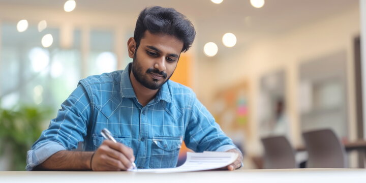 Young Indian male prepares for exams at foreign university. Man embraces opportunity to push intellectual boundaries adapting to new academic environment.