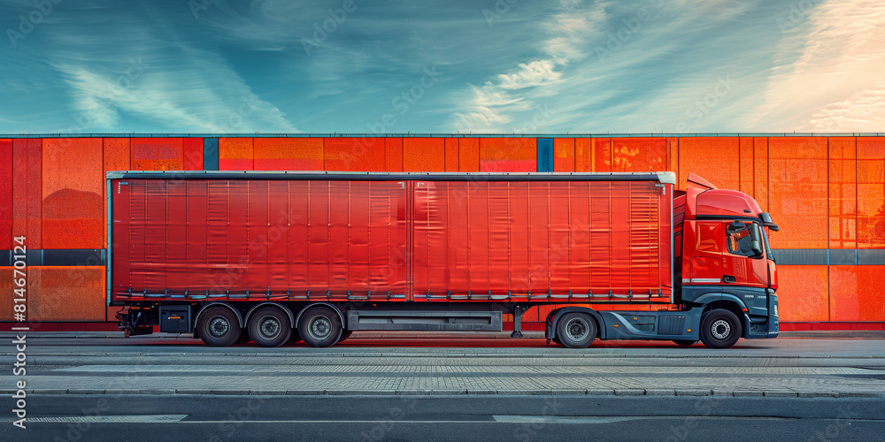 Wall mural truck with red copy space on body side near large warehouse. colorful lorry at goods distribution ce