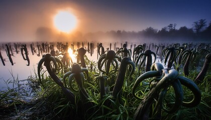 sentient extraterrestrial plants with tentacles and glowing eyes living in the wetlands on a dark alien planet misty swamp landscape in dim light of a distant sun alien wildlife