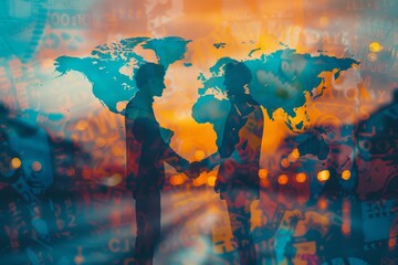 International business meeting close up, focus on the handshake, copy space, ensure vivid colors, Double exposure silhouette with a world map