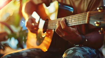 Obraz premium A happy musician strums his acoustic guitar, enjoying the moment.