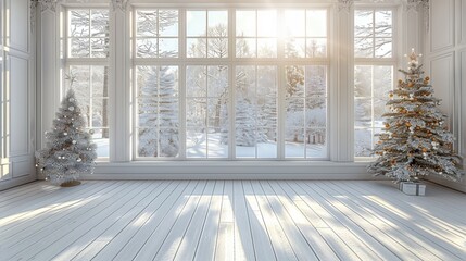 Beautiful big white window decorated for Christmas, white, Christmas trees with snow outside, white wooden floor. Generative AI.