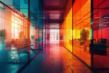 Innovative office layout, copy space ideal for advertising, highlight bright and lively color scheme Double exposure silhouette with technology motifs