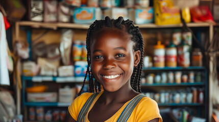 A smiling girl in a store.